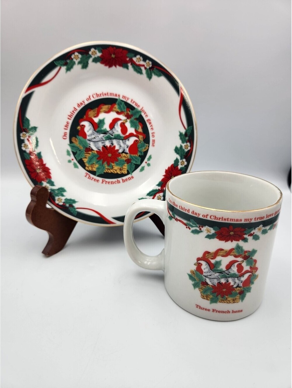 Tienshan Deck The Halls "Three French Hens" Plate & Mug Set 12 Days Christmas F4